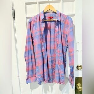 HUGO Men's Blue and Pink Plaid Casual Shirt